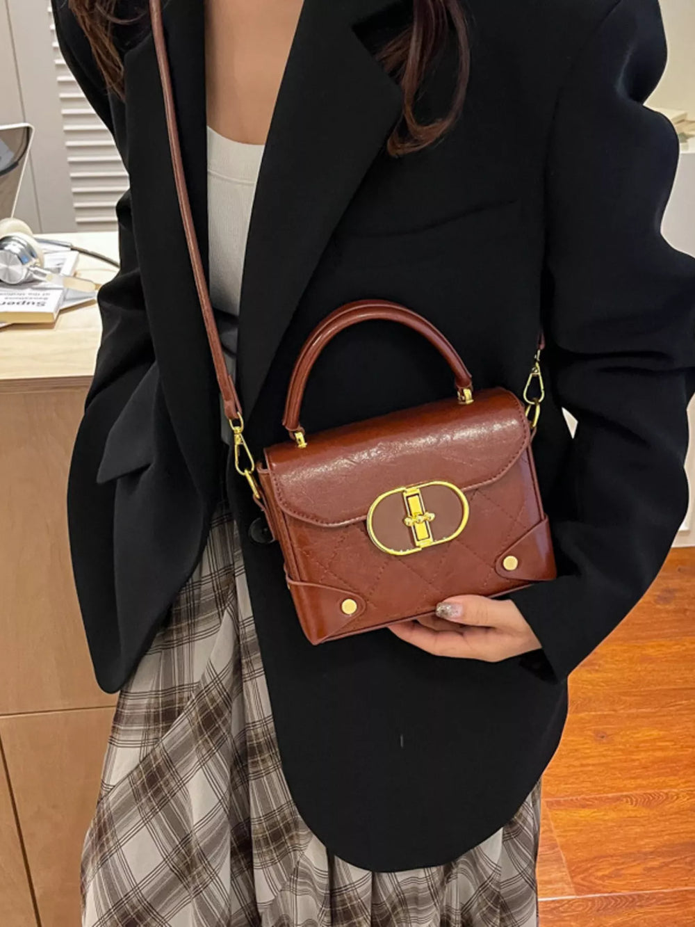 Quilted Pattern Top Handle Crossbody Bag - Trendsi - Flyclothing LLC