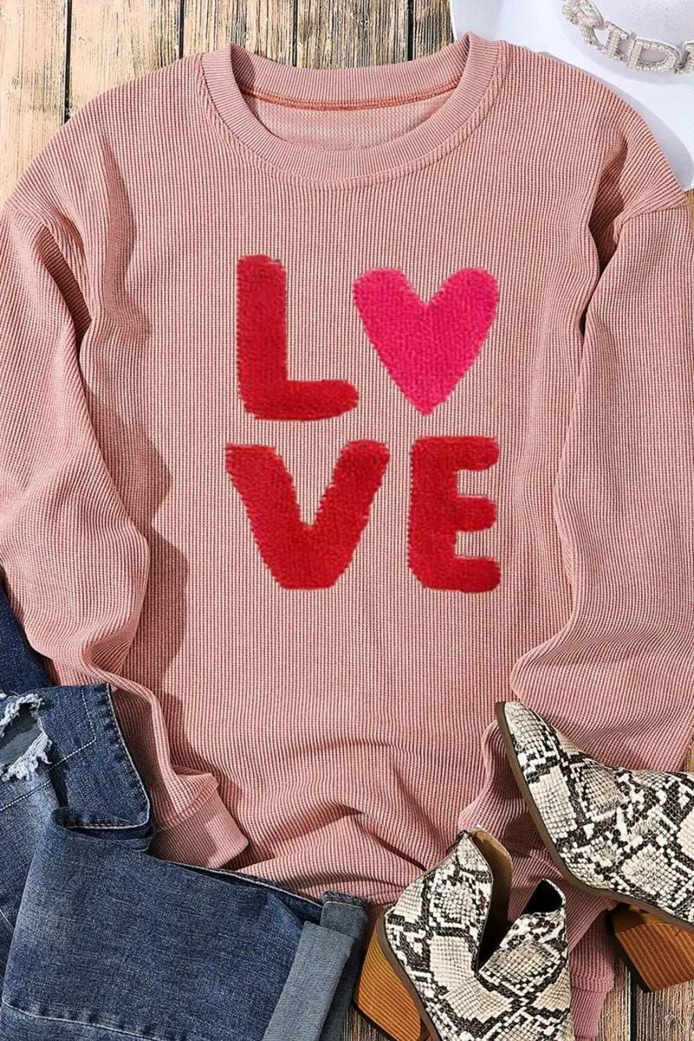 Valentine’s Day LOVE Round Neck Long Sleeve Sweatshirt - Trendsi - Flyclothing LLC