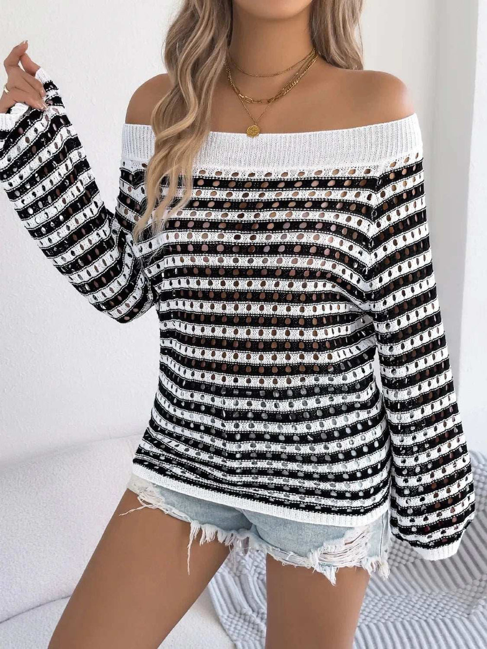 Openwork Striped Off-Shoulder Knit Top - Trendsi - Flyclothing LLC