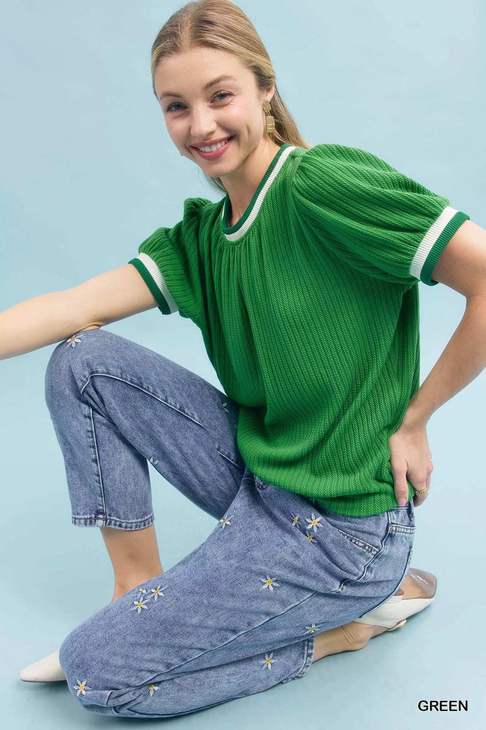 Umgee Puff Sleeve Knit Top with Contrast Rib Trim - Trendsi - Flyclothing LLC