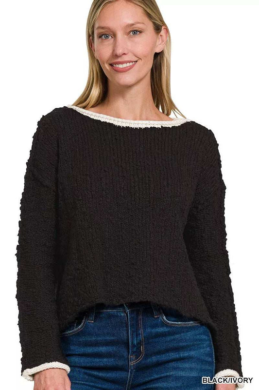 Zenana Contrast Trim Cropped Sweater - Trendsi - Flyclothing LLC