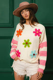 BiBi Colorful Floral Patched Sweater with Striped Sleeve - Trendsi - Flyclothing LLC