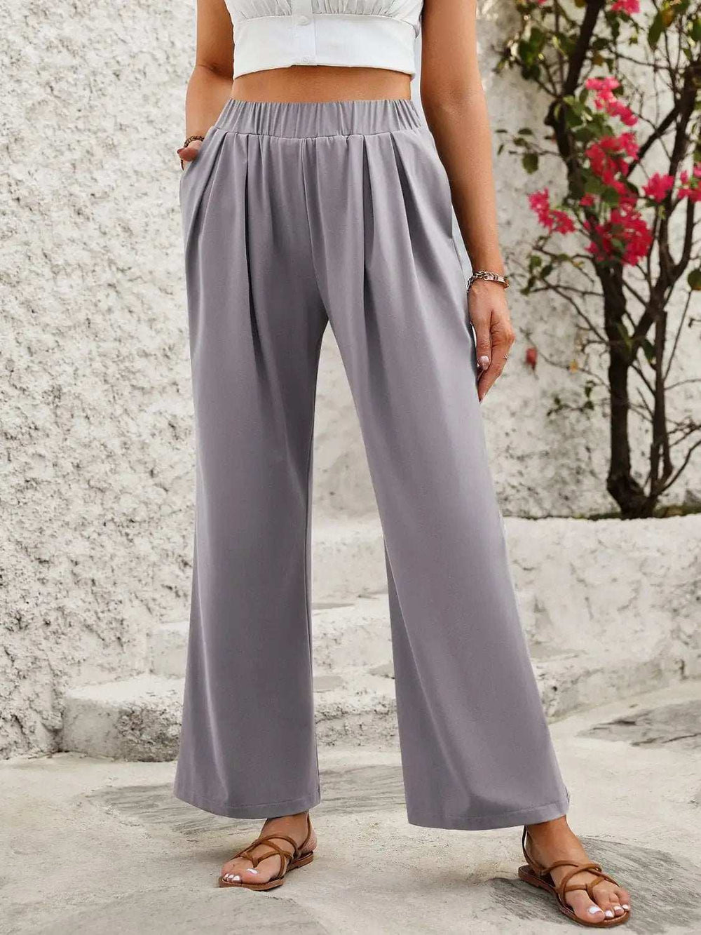 Elastic Waist Wide Leg Pants - Trendsi - Flyclothing LLC