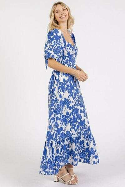 Mittoshop Cutout Back Floral Sweetheart Neck Puff Sleeve Dress - Trendsi - Flyclothing LLC