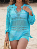 Openwork Notched Long Sleeve Knit Cover Up - Trendsi - Flyclothing LLC