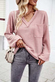 Devine Waffle-Knit V-Neck Long Sleeve Top - Trendsi - Flyclothing LLC