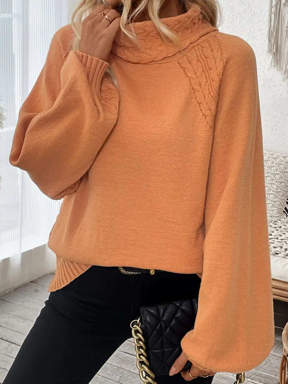 Cable-Knit Turtleneck Long Sleeve Sweater - Trendsi - Flyclothing LLC