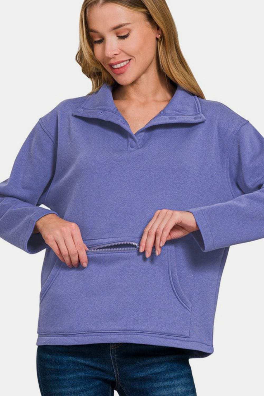 Zenana Turtleneck Half Snap Fleece Sweatshirt - Trendsi - Flyclothing LLC
