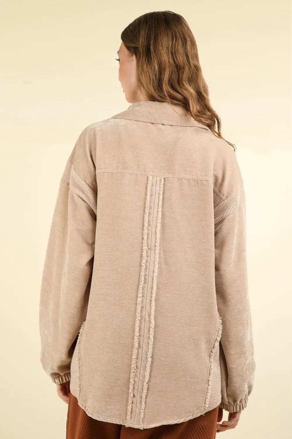 VERY J Mixed Media Button Down Raw Hem Shacket - Trendsi - Flyclothing LLC