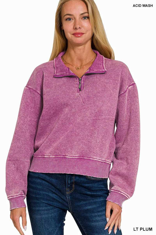 Zenana Acid Wash Fleece Half Zip Sweatshirt - Trendsi - Flyclothing LLC