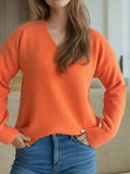 V-Neck Dropped Shoulder Long Sleeve Sweater - Trendsi - Flyclothing LLC