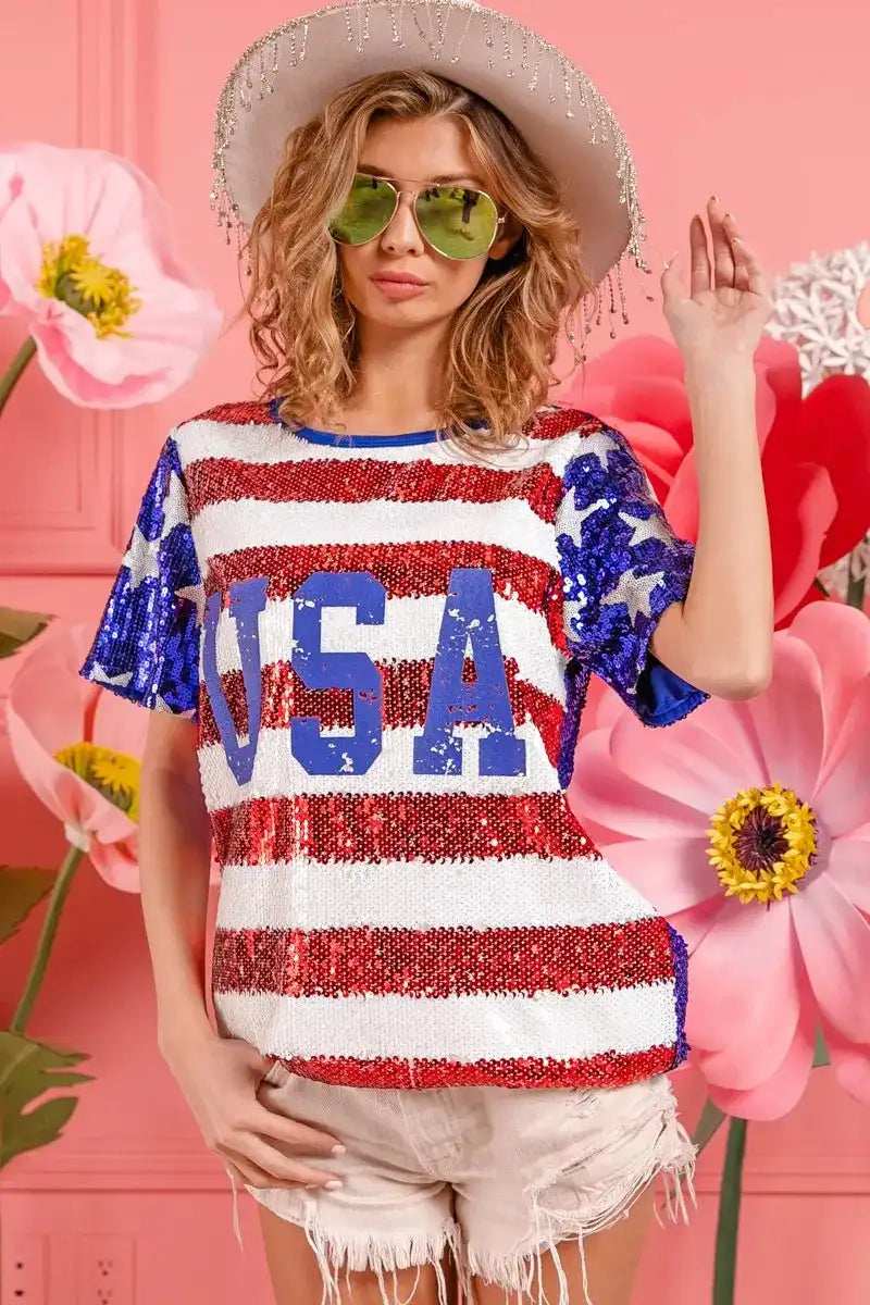BiBi American Flag Theme USA Lettering Sequin Top - Trendsi - Flyclothing LLC