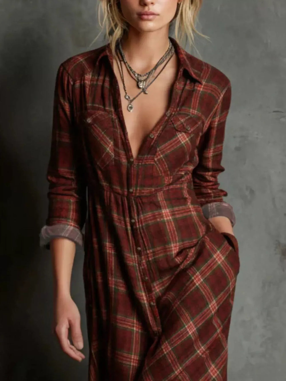 Full Size Plaid Button-Down Maxi Dress Plus Size - Trendsi - Flyclothing LLC
