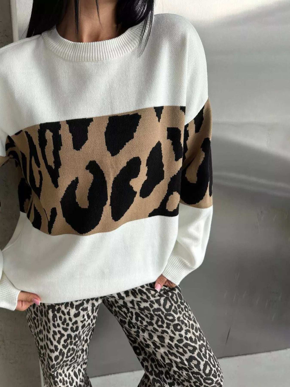 Leopard Color Block Round Neck Sweater - Trendsi - Flyclothing LLC