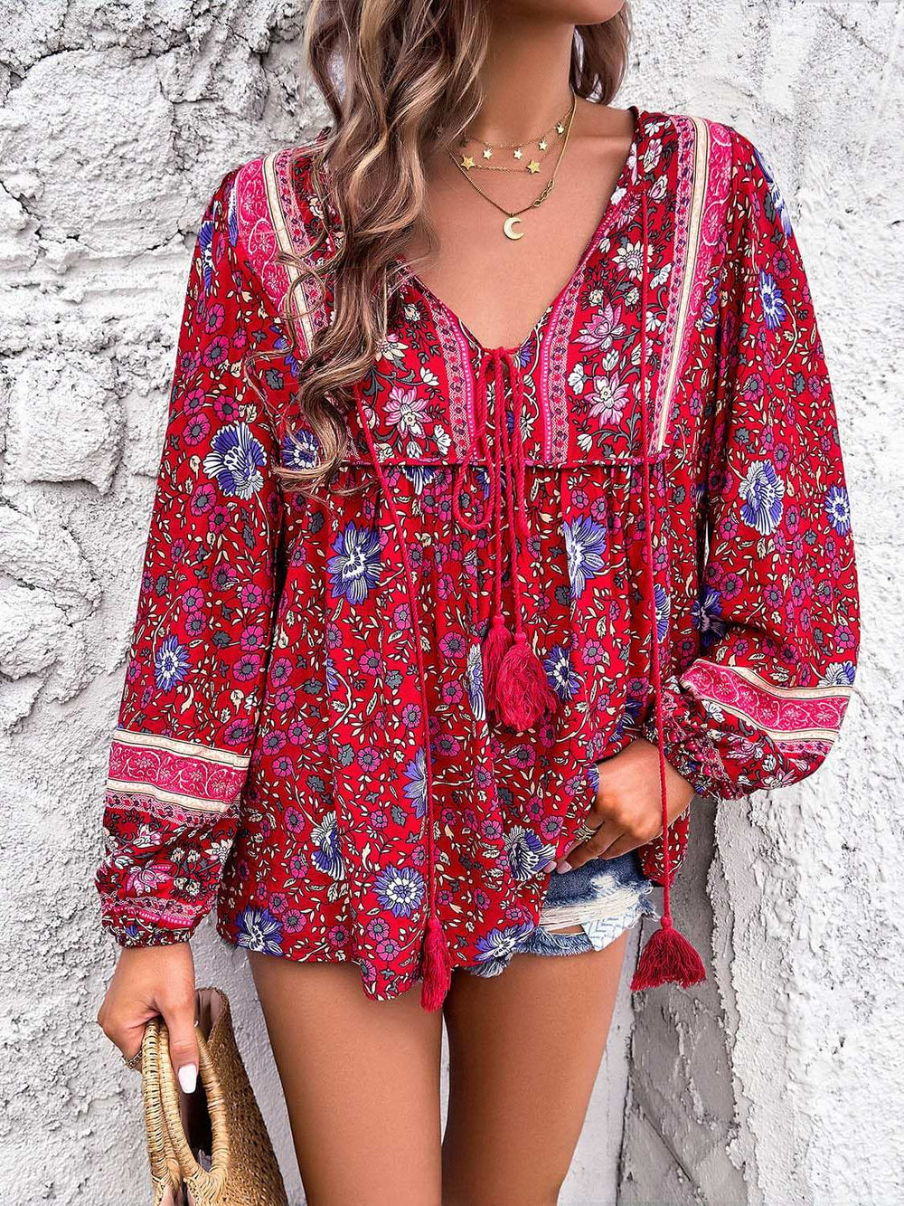 Printed Tie Neck Long Sleeve Blouse - Trendsi - Flyclothing LLC