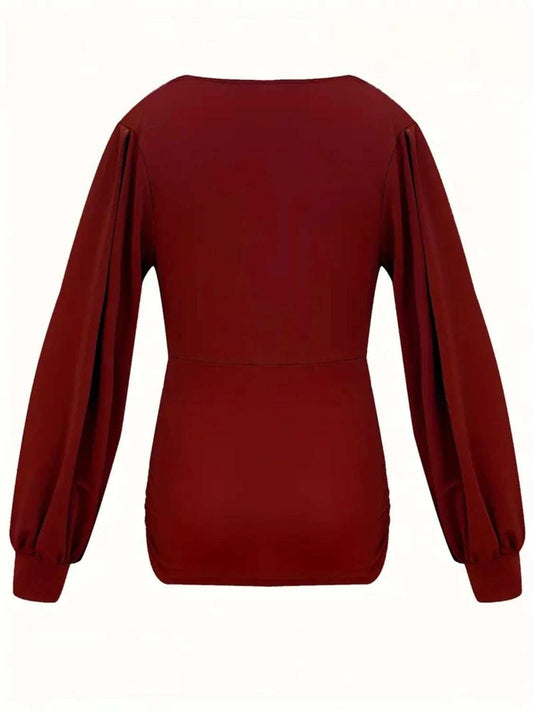 Ruched V-Neck Long Sleeve T-Shirt - Trendsi - Flyclothing LLC