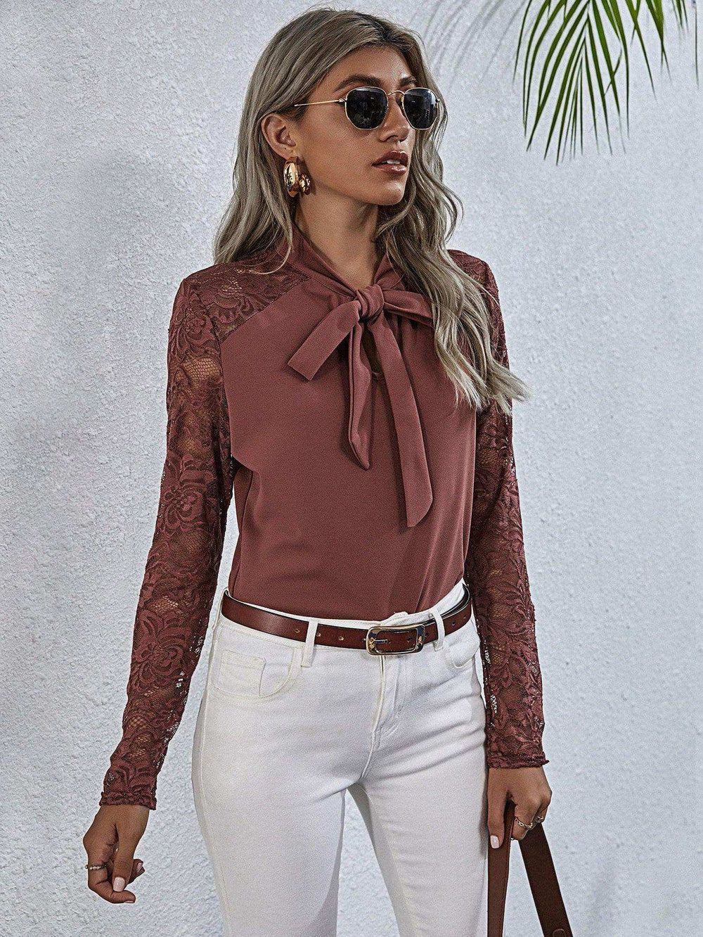 Tie Neck Spliced Lace Long Sleeve Top - Trendsi - Flyclothing LLC