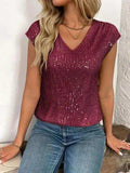 Sequin V-Neck Cap Sleeve Top - Trendsi - Flyclothing LLC