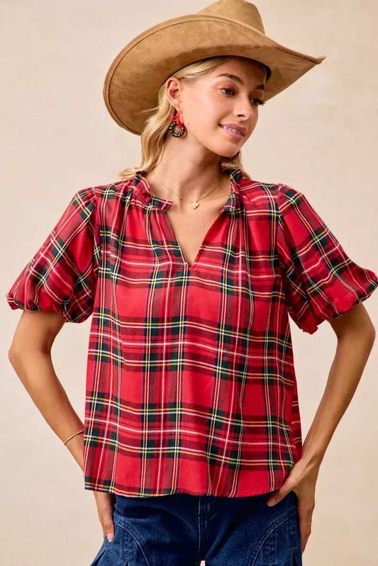 BiBi Christmas Plaid Short Sleeves Ruffled Blouse - Trendsi - Flyclothing LLC