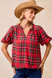 BiBi Christmas Plaid Short Sleeves Ruffled Blouse - Trendsi - Flyclothing LLC