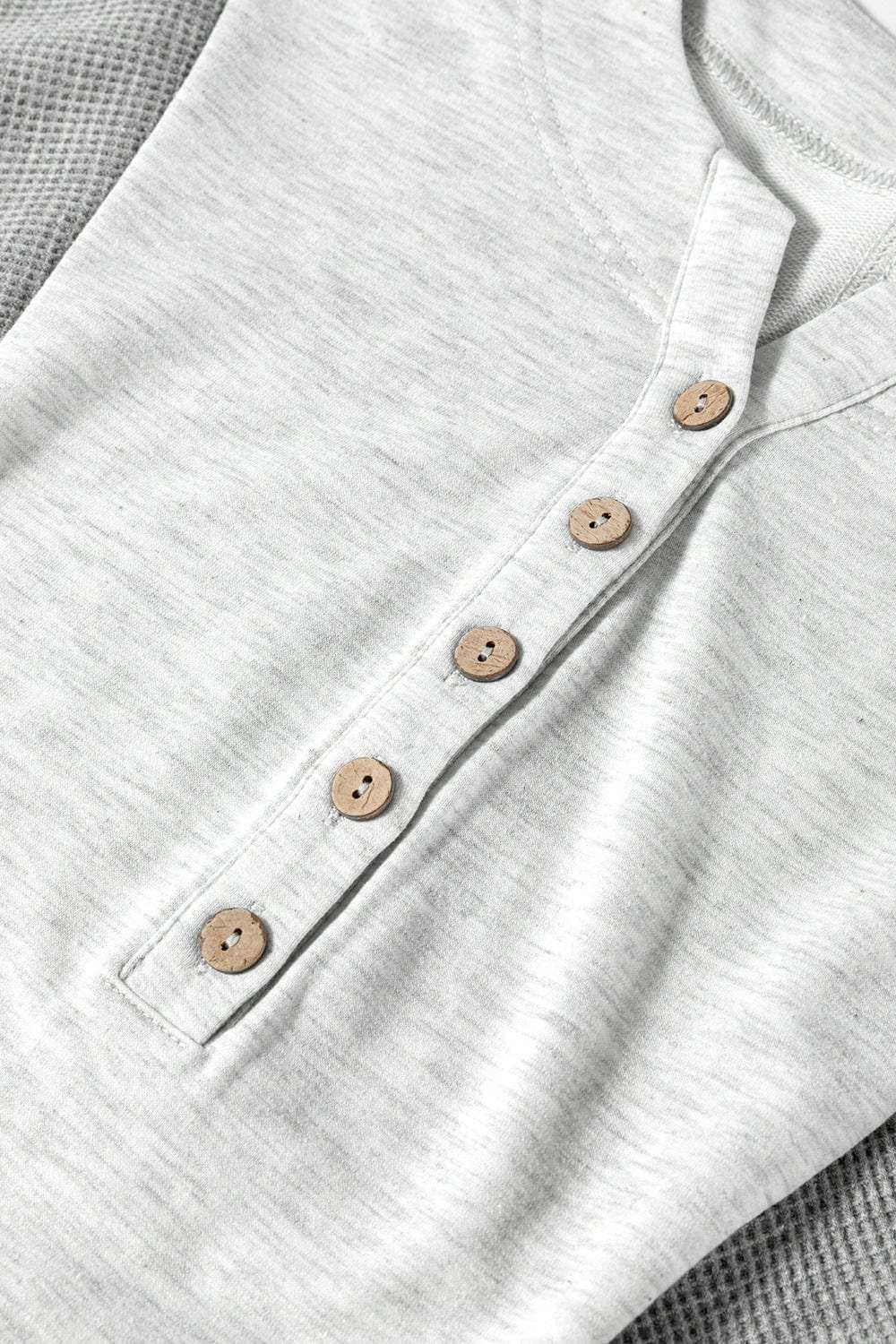 Two Tone Contrast Waffle Knit Patched Buttoned V Neck Top - Trendsi - Flyclothing LLC