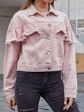 Ruffled Collared Neck Long Sleeve Denim Top - Trendsi - Flyclothing LLC
