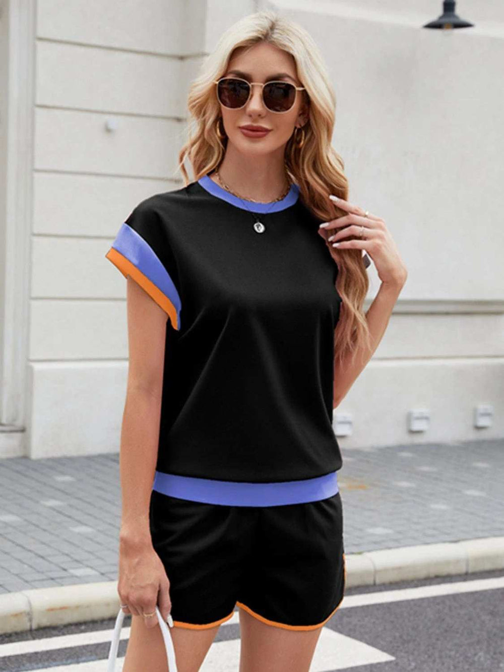 Contrast Round Neck Top and Shorts Set - Trendsi - Flyclothing LLC