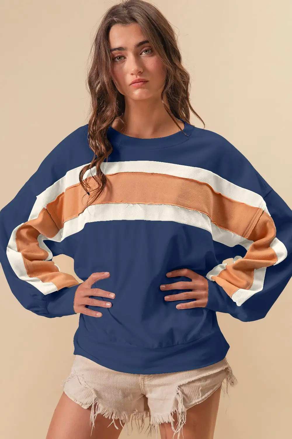 BiBi French Terry Color Block Cut Edge Detail Sweatshirt - Trendsi - Flyclothing LLC