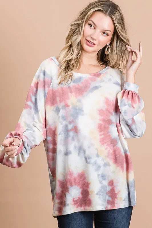 BiBi Tie Dye Print Terry Top With Puff Sleeves - Trendsi - Flyclothing LLC