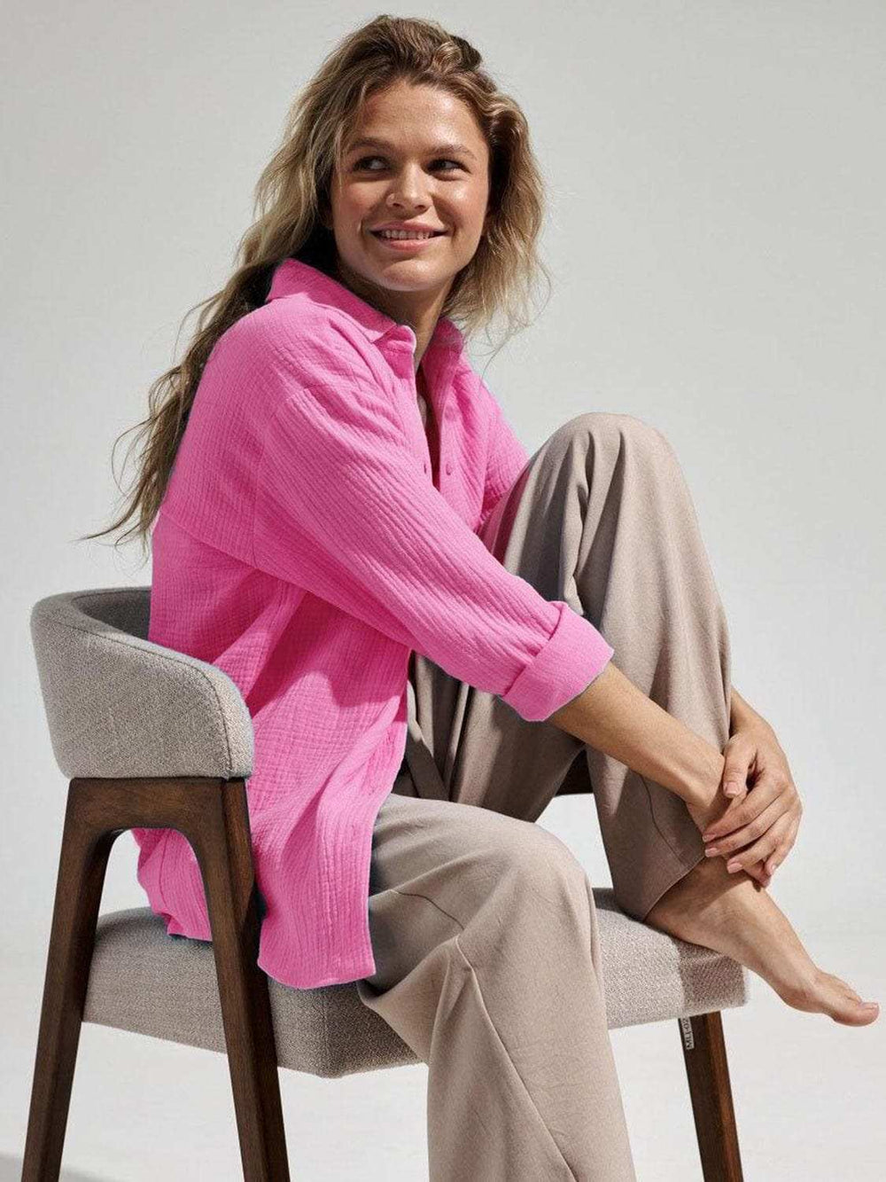 Textured Collared Neck Long Sleeve Shirt - Trendsi - Flyclothing LLC