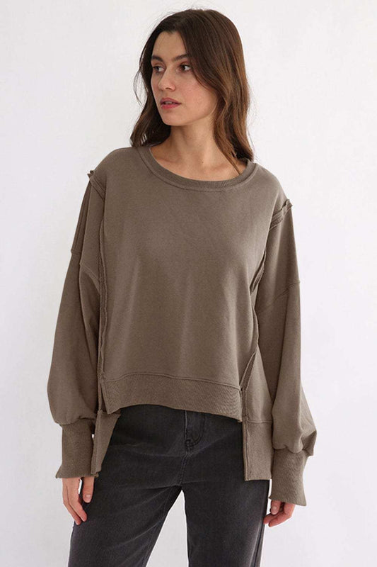 Exposed Seam High-Low Long Sleeve Sweatshirt - Trendsi - Flyclothing LLC