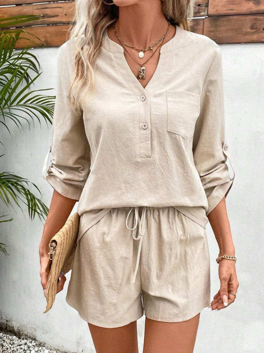Notched Long Sleeve Top and Shorts Set - Trendsi - Flyclothing LLC