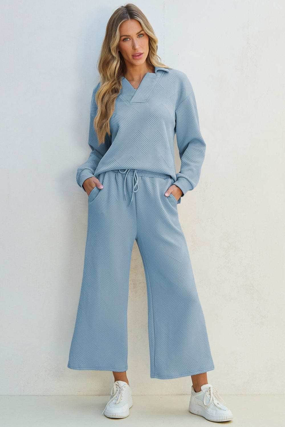 Textured Collared Neck Top and Wide Leg Pants Set - Trendsi - Flyclothing LLC