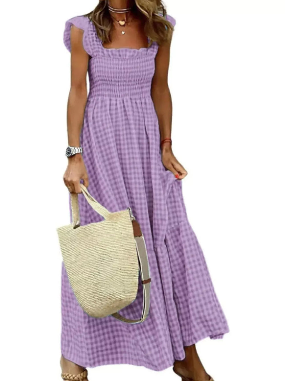Full Size Gingham Smocked Ruffle Maxi Dress Plus Size - Trendsi - Flyclothing LLC
