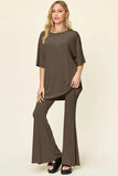 Double Take Full Size Round Neck Drop Shoulder T-Shirt and Flare Pants Set - Trendsi - Flyclothing LLC
