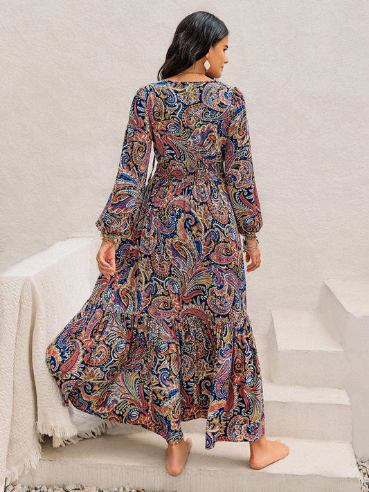 Printed Tie Neck Long Sleeve Midi Dress - Trendsi - Flyclothing LLC