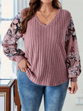 Plus Size Printed V-Neck Long Sleeve T-Shirt - Trendsi - Flyclothing LLC