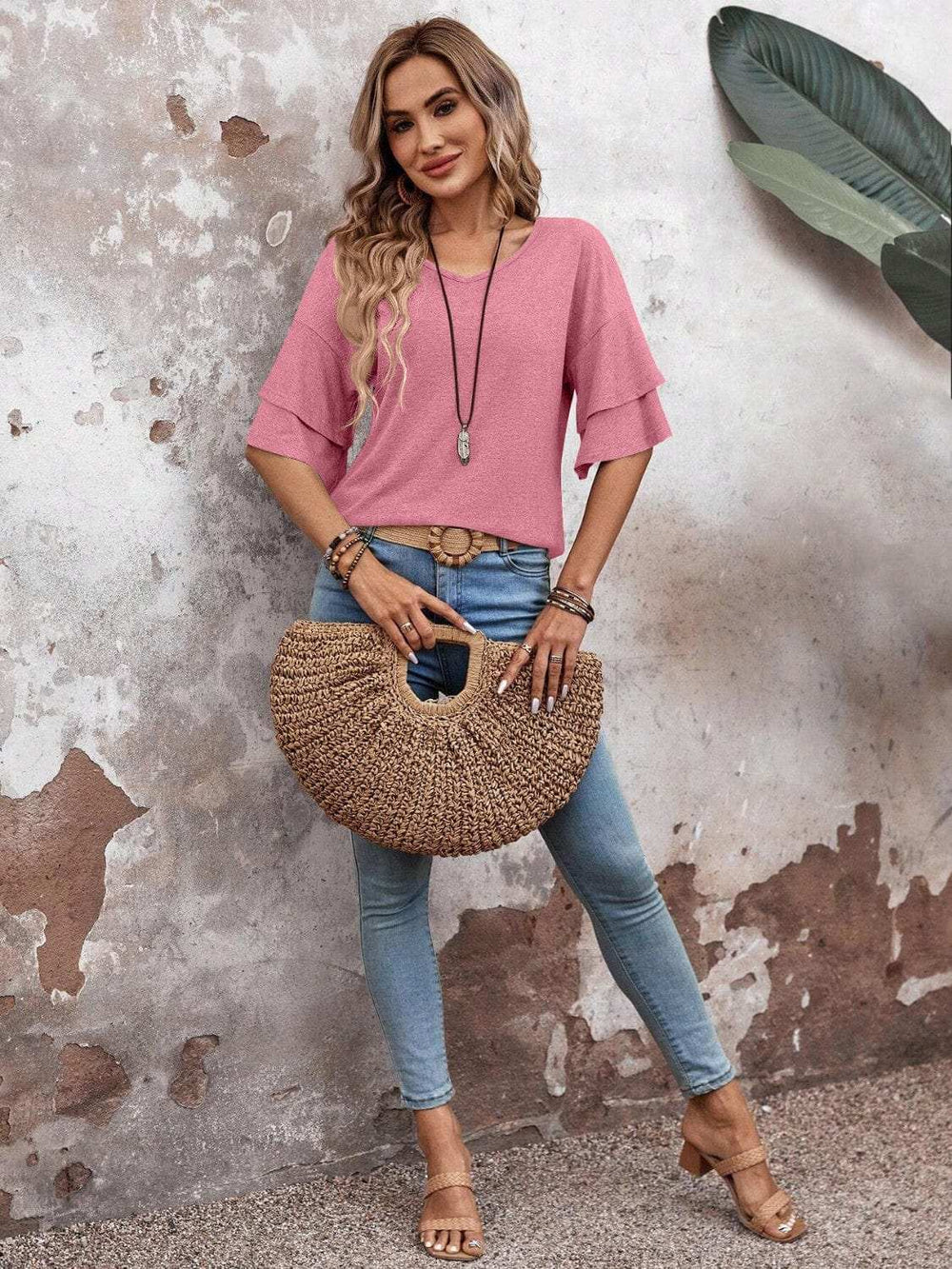 V-Neck Half Sleeve Blouse - Trendsi - Flyclothing LLC