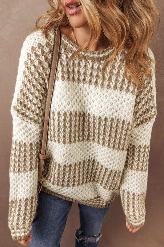 Color Block Round Neck Dropped Shoulder Sweater - Trendsi - Flyclothing LLC