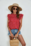 Ruffled Ditsy Floral Mock Neck Cap Sleeve Blouse - Trendsi - Flyclothing LLC