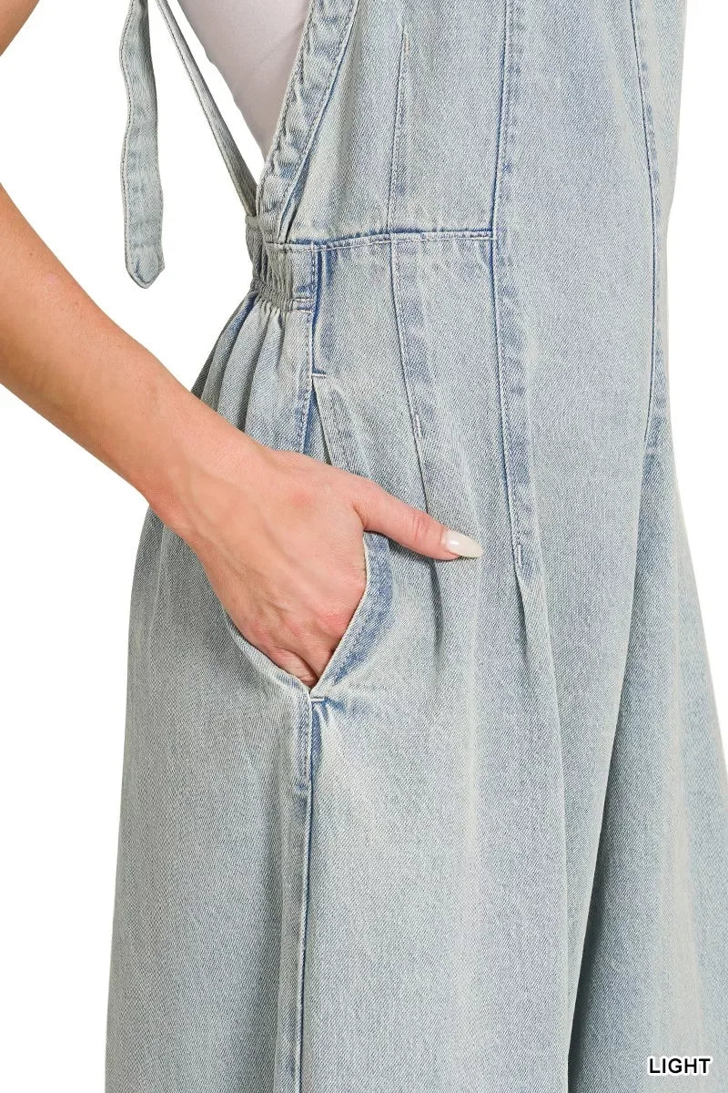 Zenana Denim Light Washed Wide Leg Overalls - Trendsi - Flyclothing LLC