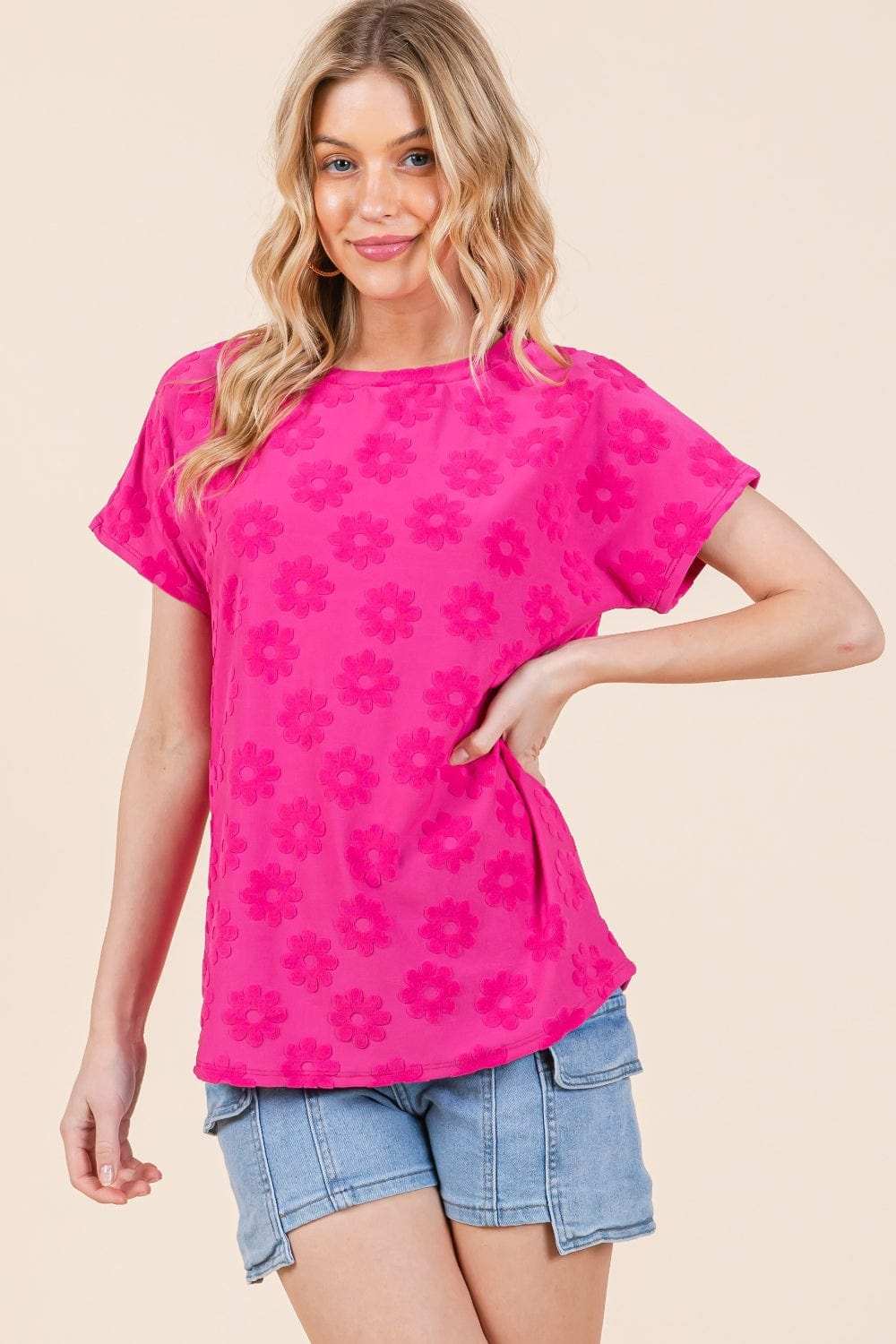 BOMBOM Textured Floral Pattern Short Sleeve T-Shirt - Trendsi - Flyclothing LLC