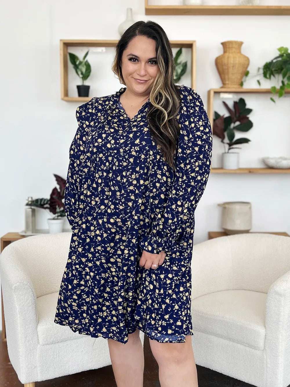 Double Take Full Size Printed Ruffle Hem Long Sleeve Tiered Dress - Trendsi - Flyclothing LLC