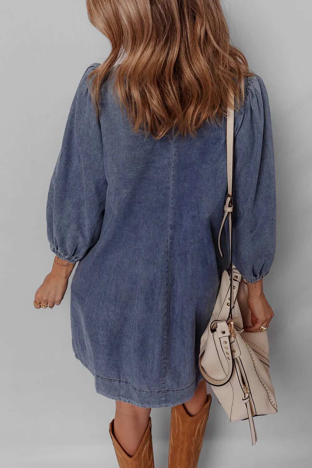 Tie Neck Long Sleeve Mini Denim Dress - Trendsi - Flyclothing LLC