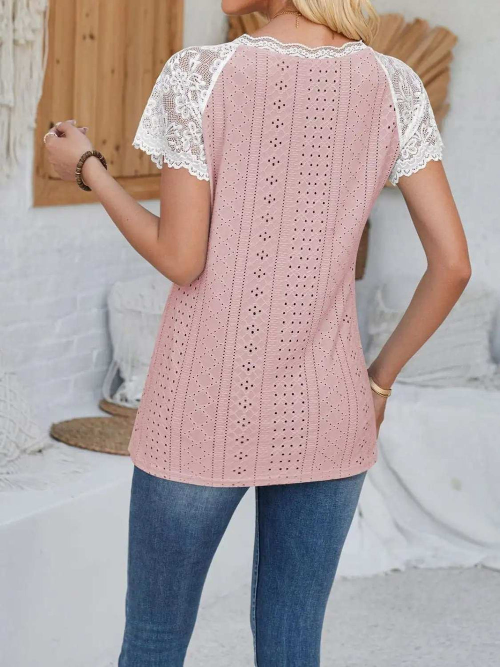 Eyelet Lace Detail V-Neck Short Sleeve Top - Trendsi - Flyclothing LLC