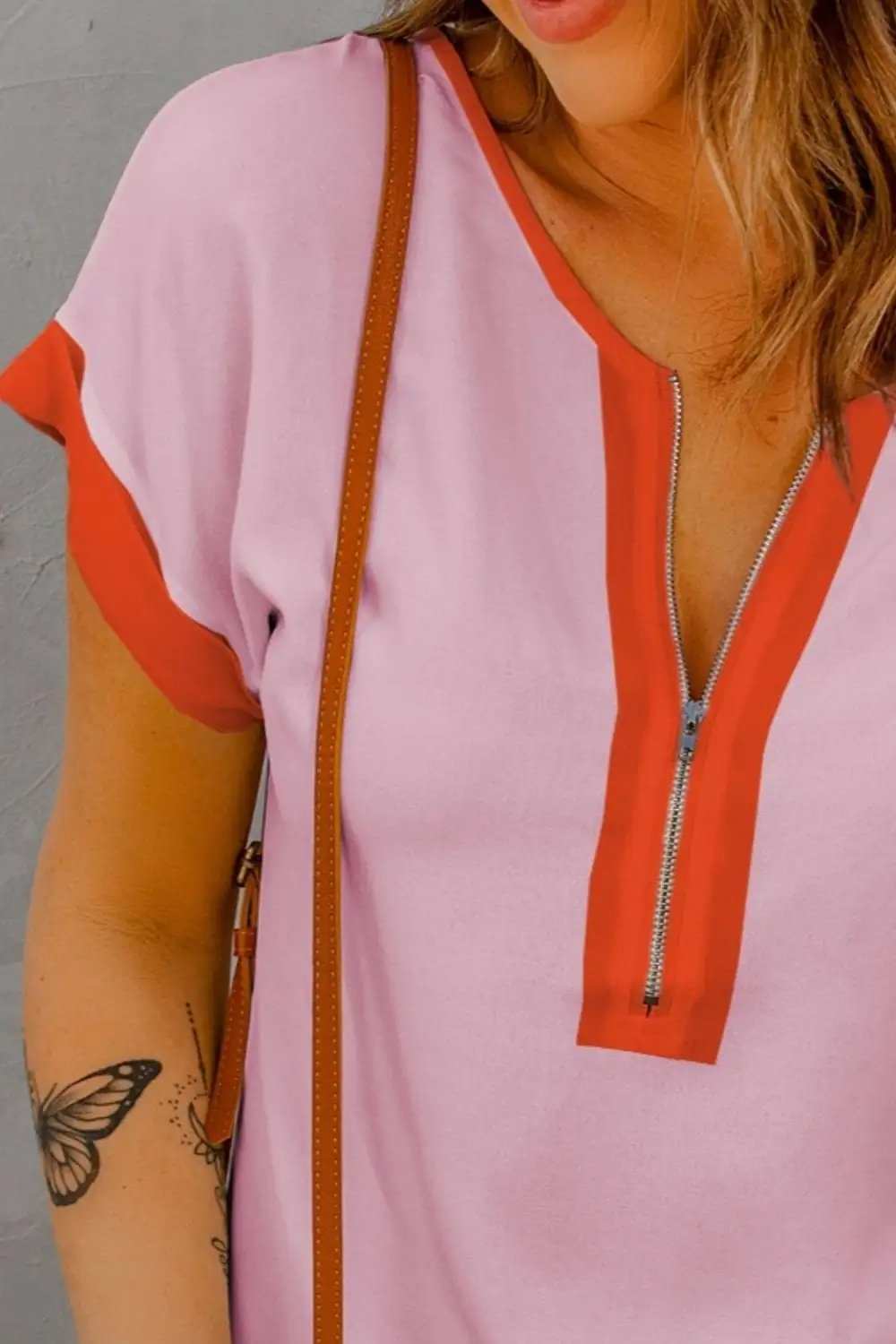 Contrast Half Zip Short Sleeve Top - Trendsi - Flyclothing LLC