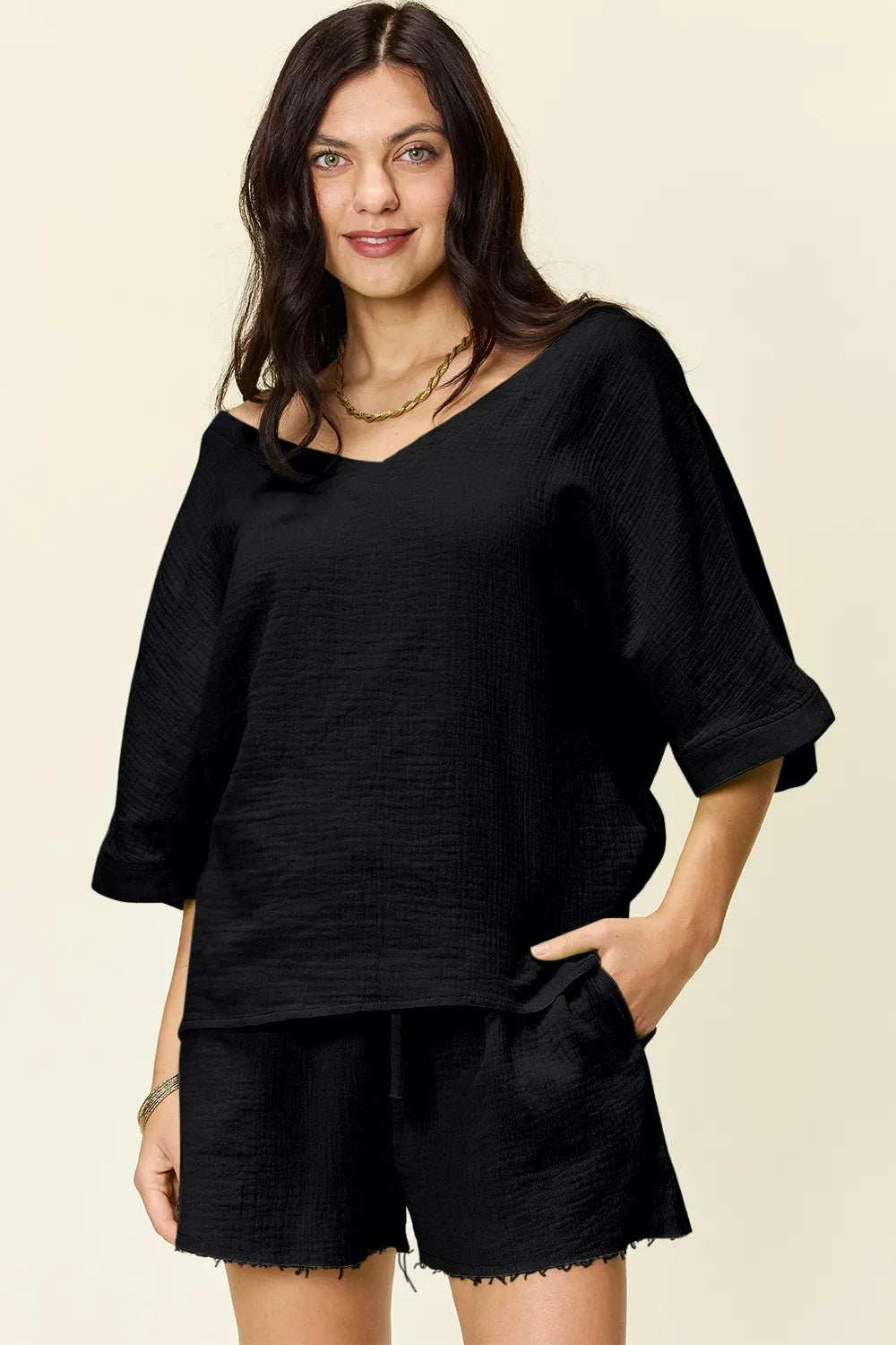 Double Take Texture Half Sleeve T-Shirt and Drawstring Shorts Set - Trendsi - Flyclothing LLC