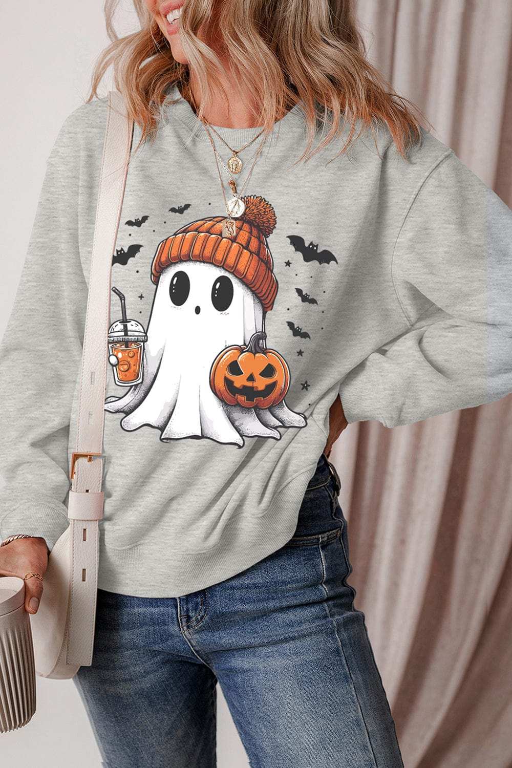 Ghost Round Neck Long Sleeve Sweatshirt - Trendsi - Flyclothing LLC