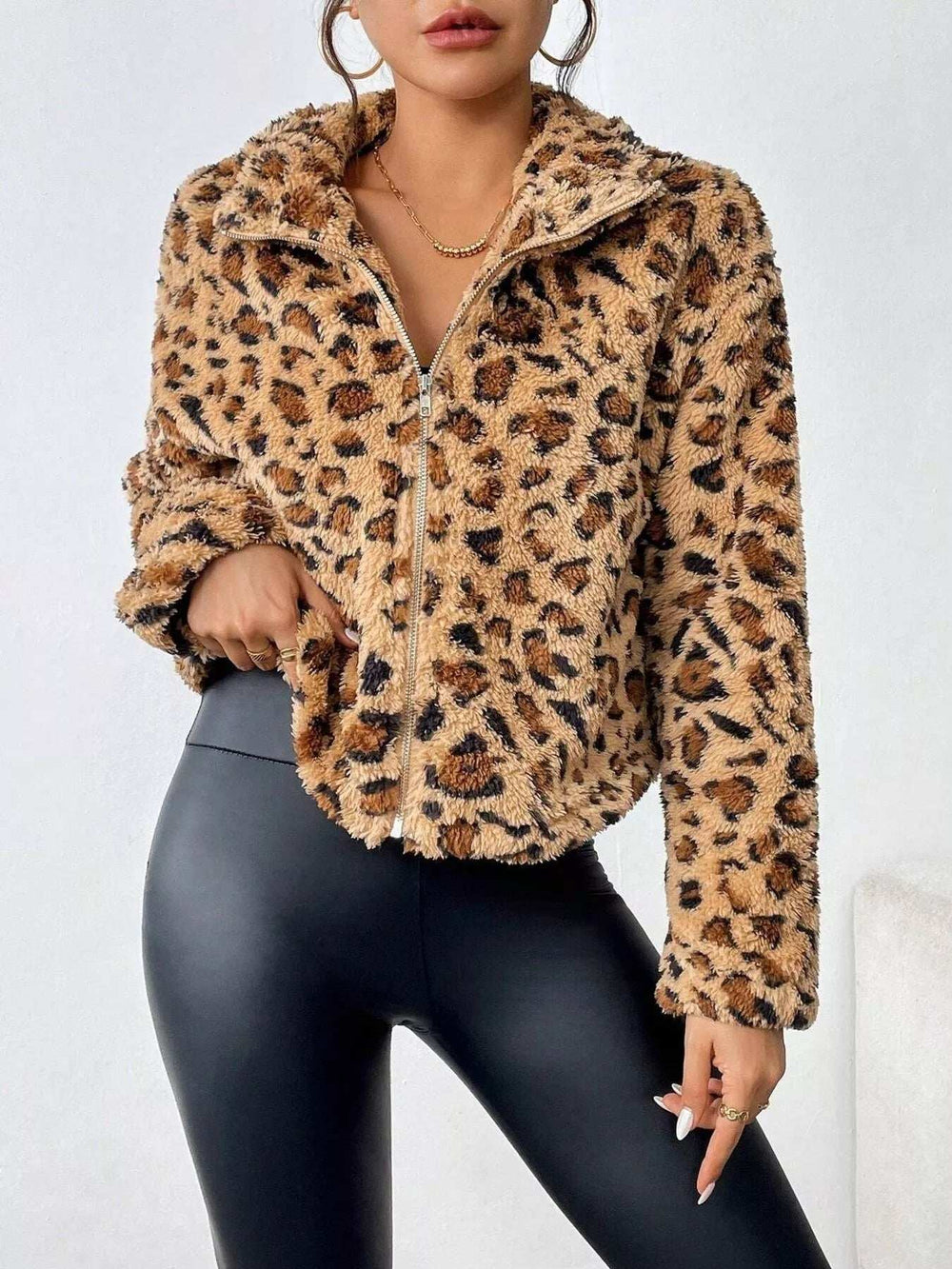 Leopard Fuzzy Zip-Up Jacket - Trendsi - Flyclothing LLC
