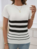 Striped Round Neck Short Sleeve Knit Top - Trendsi - Flyclothing LLC